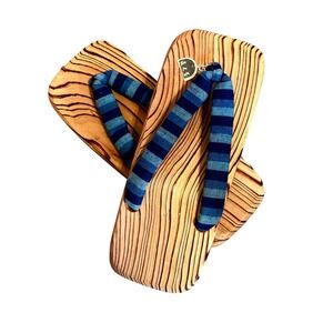 Japanese Geta Sandals Wooden Platform Striped Blue Fabric Straps‎ with Tags